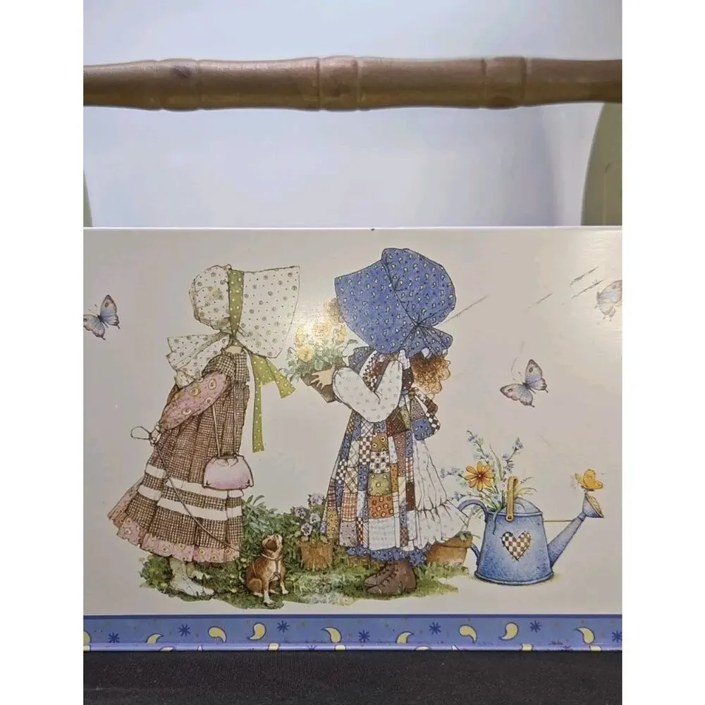 Vintage Holly Hobbie Metal Tin Storage Caddy Totes Wooden Handle 1970s Organizer